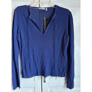 Anne Klein Blouse Womens Medium Blue‎ Long Sleeve Vintage Rayon Nylon